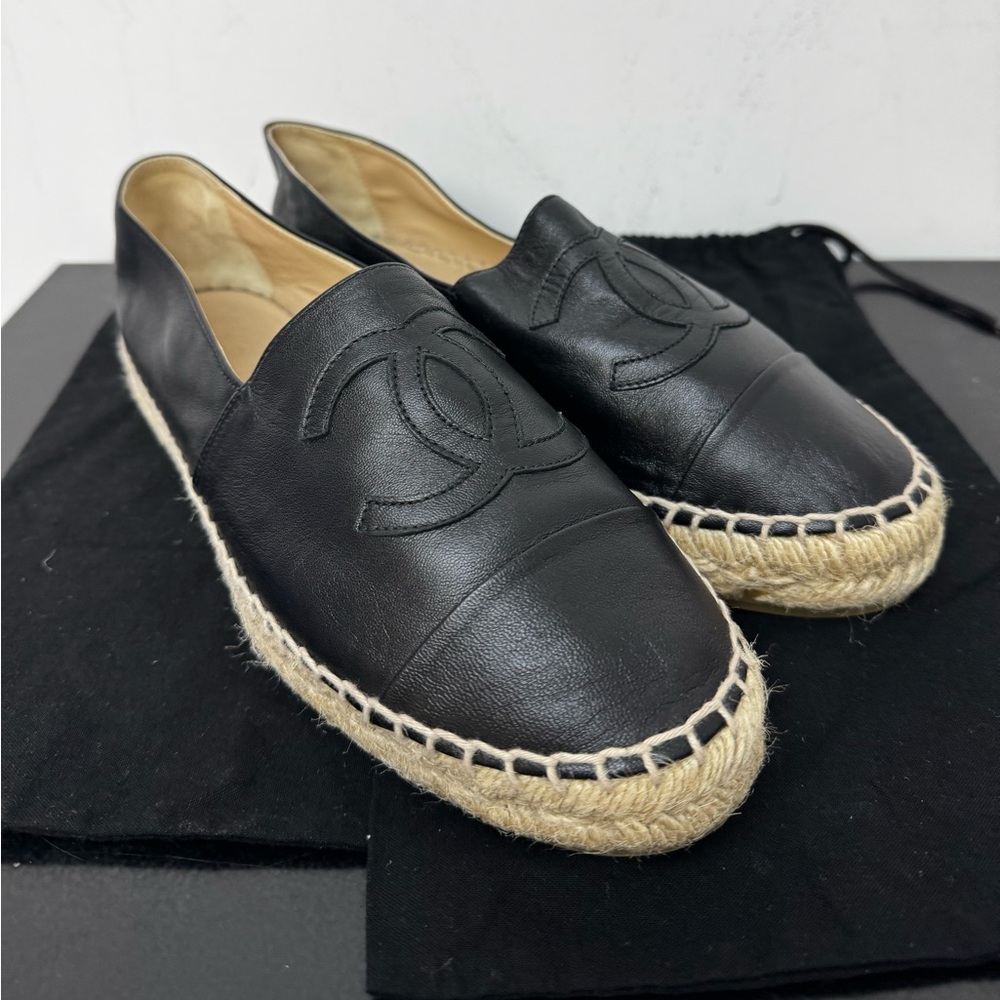 CHANEL Black Leather Espadrilles